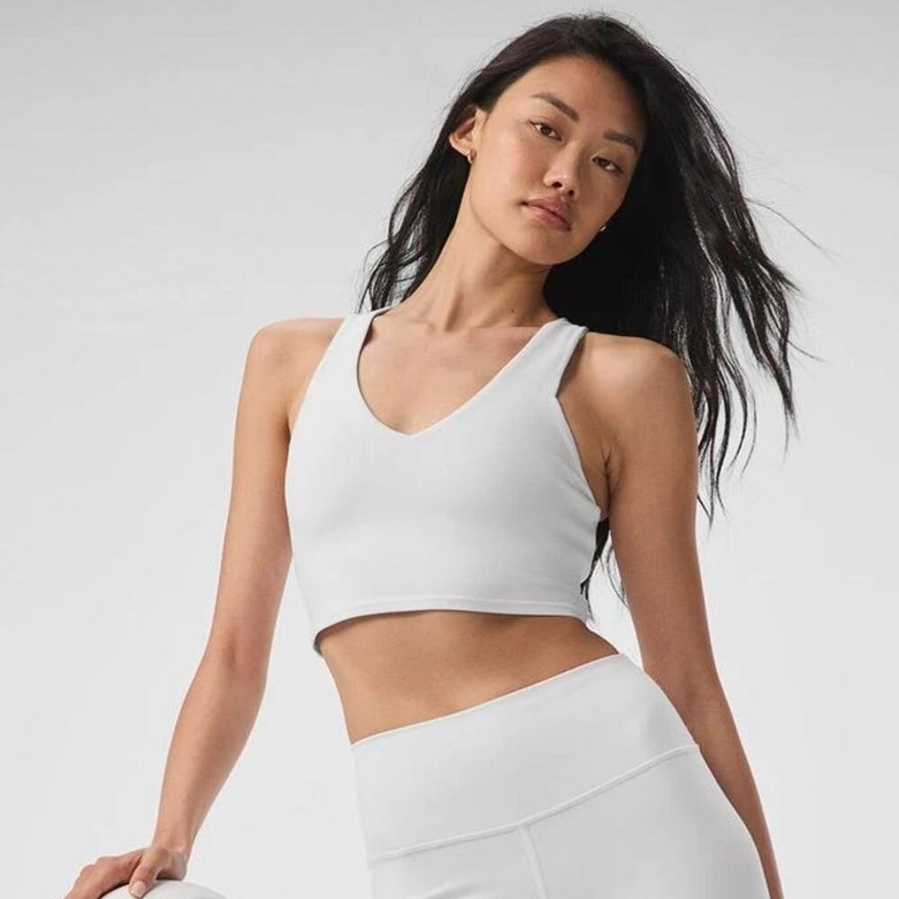 Alo Yoga Airbrush Real Bra Tank Racerback V Neck Sports Crop Top White S